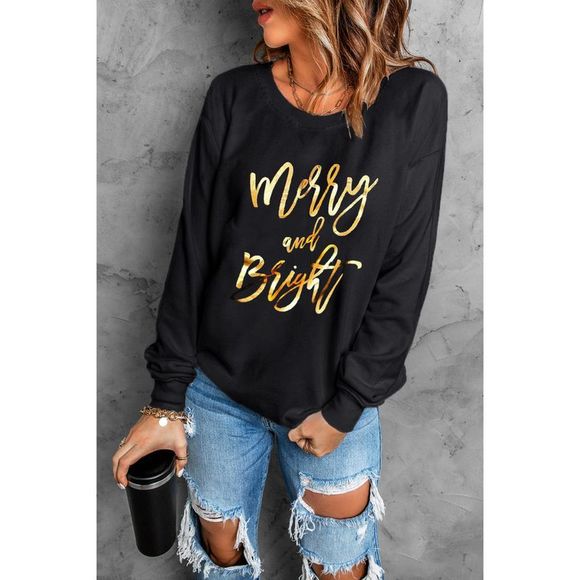 Azura Exchange  Black  Merry & Bright Letter Print Pullover Sweatshirt - Picture 8 of 10